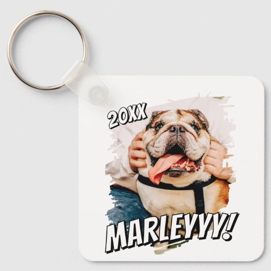 Moderne Comic Simple Grunge Custom Pet Photo Sleutelhanger (Voorkant)