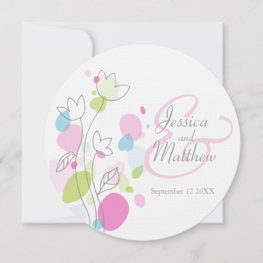 Moderne confetti bloemblaadje ronde bruiloft uitno kaart (Voorkant)