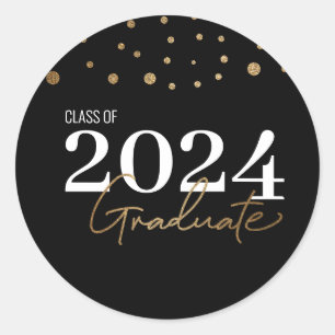 Moderne Confetti Zwart Goud Klasse van 2024 Afstud Ronde Sticker