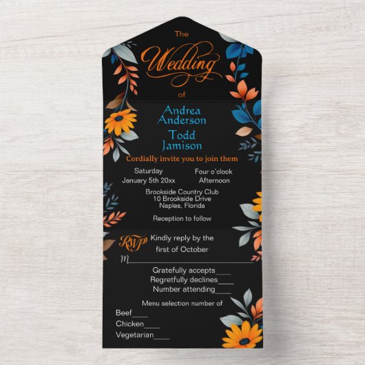 Moderne contrasterende kleuren tegen zwarte bruilo all in one uitnodiging (Binnen)