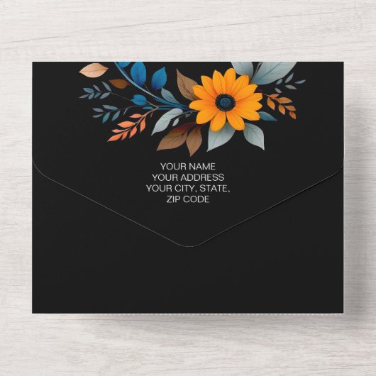 Moderne contrasterende kleuren tegen zwarte bruilo all in one uitnodiging (Achterkant)