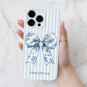 Moderne Coquette Blauwe Strepen Girly Bow Custom N Case-Mate iPhone 14 Pro Max Hoesje