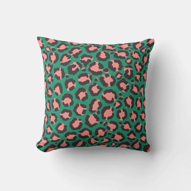 Moderne Coral Pink Black Green Leopard Animal Prin Buitenkussen (Voorkant)