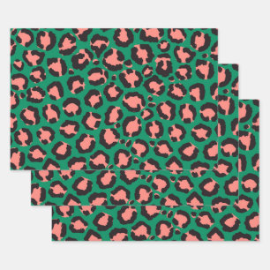 Moderne Coral Pink Black Green Leopard Animal Prin Inpakpapier Vel