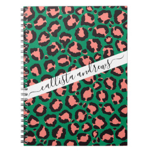 Moderne Coral Pink Black Green Leopard Animal Prin Notitieboek