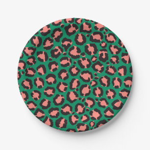 Moderne Coral Pink Black Green Leopard Animal Prin Papieren Bordje