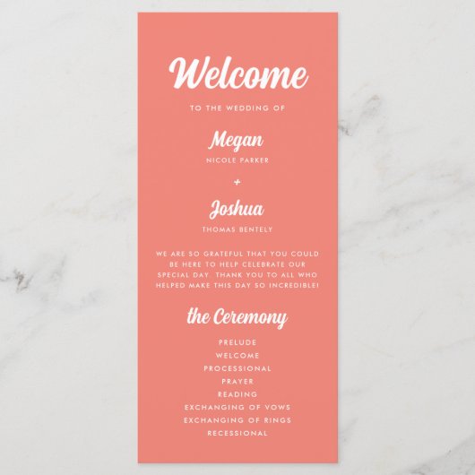 Moderne Coral Pink Script huwelijksceremonie Programma (Voorkant)