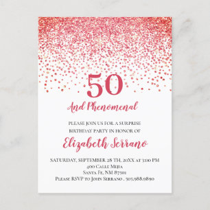 Moderne Coral Red Glitter Confetti 50th Birthday Uitnodiging Briefkaart