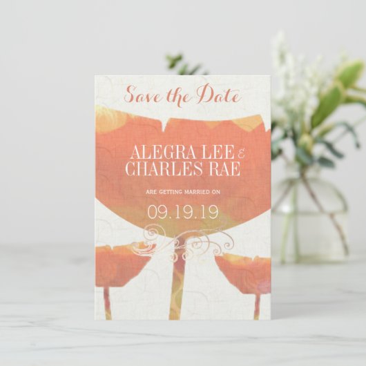Moderne Corale papaverbruiloft sparen de Datum Kaart (Staand voorkant)