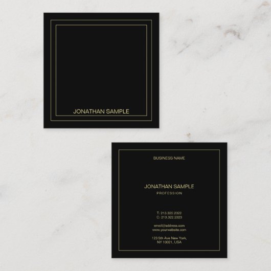 Moderne Creatieve Gouden Tekst Naam Elegant Zwart Vierkante Visitekaartje (Voorkant / Achterkant)