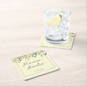 Moderne crème- en eucalyptusbruiloft vierkante kartonnen onderzetter (Insitu)