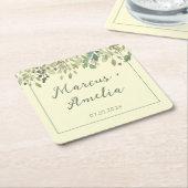 Moderne crème- en eucalyptusbruiloft vierkante kartonnen onderzetter (Schuin)