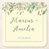 Moderne crème- en eucalyptusbruiloft vierkante kartonnen onderzetter (Voorkant)