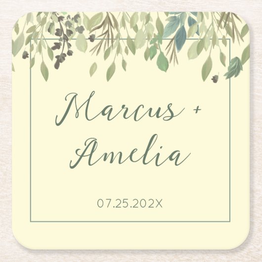 Moderne crème- en eucalyptusbruiloft vierkante kartonnen onderzetter (Voorkant)
