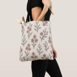 Moderne Crème en Stofrozen Roze Bloemige Tote Tas