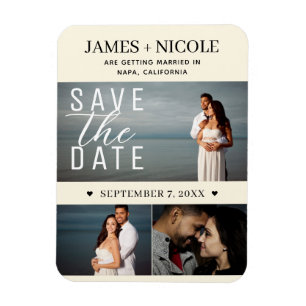 Moderne Crème Kleur Save the Date Huwelijk 3 Foto' Magneet