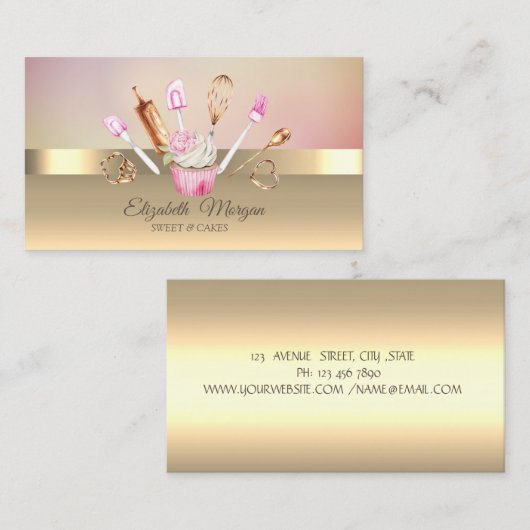 Moderne Cupcake Flower Gold Bakery Tools Visitekaartje (Voorkant / Achterkant)
