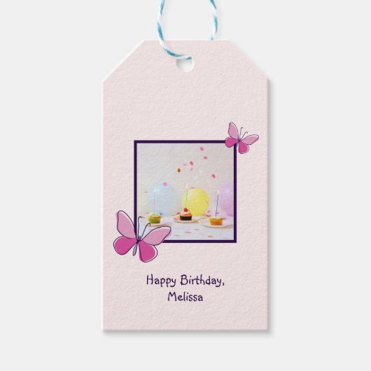 Moderne Custom Photo Pink Blush Happy Birthday Cadeaulabel (Voorkant)