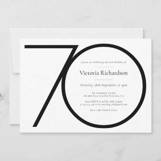 Moderne Custom Zwart Wit Minimalist 70e Verjaardag Kaart (Voorkant)