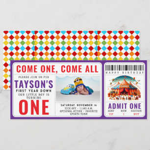 Moderne Cute Circus Carnaval 1e Verjaardag Ticket Kaart