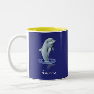 Moderne Cute Dolfijn, Schrift en Monogram op Blauw Tweekleurige Koffiemok