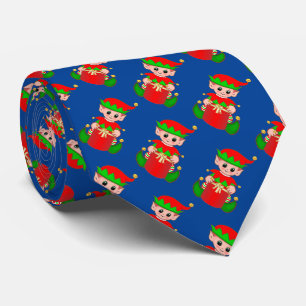 Moderne Cute Kerst Elf Patroon op Blauwe Stropdas