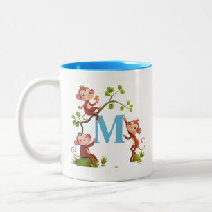 Moderne Cute Monkeys en Turquoise Initial Mok
