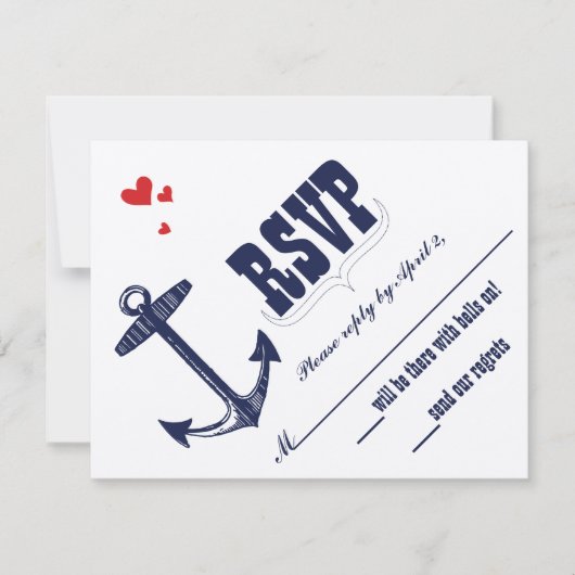moderne Cute Red en Navy Anchor RSVP (Voorkant)