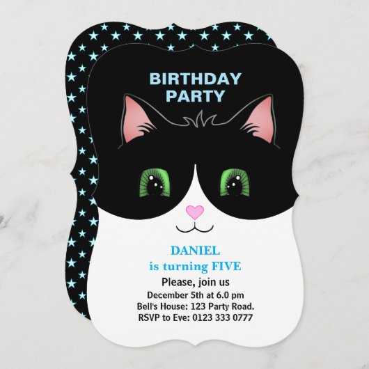 Moderne Cute Tuxedo Chat Garçon Invitation Anniver (Devant / Derrière)