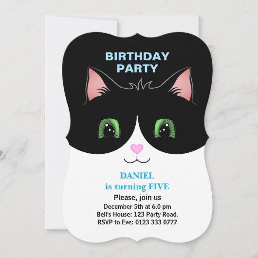 Moderne Cute Tuxedo Chat Garçon Invitation Anniver (Devant)