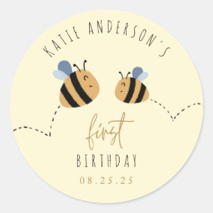 Moderne Cute Yellow Bumblebee First Birthday Ronde Sticker