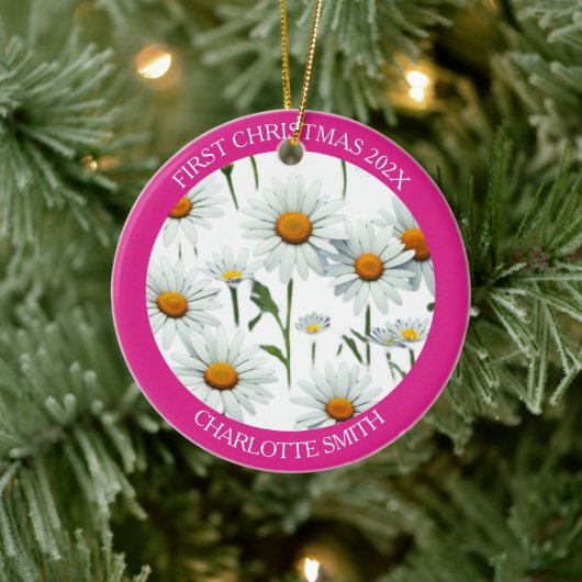 Moderne Daisy Pink eerste kerst Keramisch Ornament (Boom)