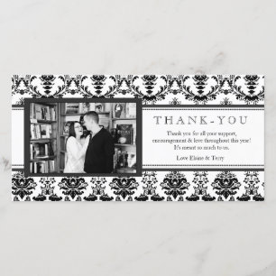 Moderne Damask zwart-wit bedankkaart met foto