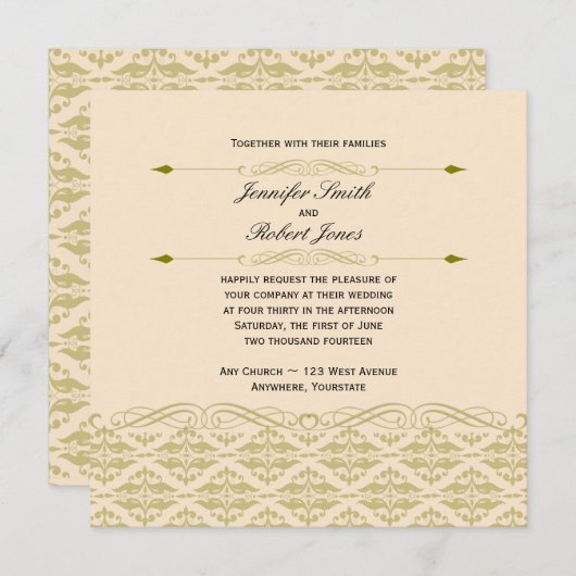 Moderne Damast in Ivoor en Gouden Bruiloft Uitnodi Kaart (Voorkant / Achterkant)