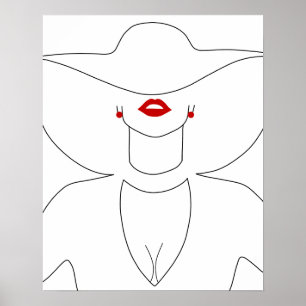 Moderne dame in Pet met rode lippenstift lijnkunst Poster
