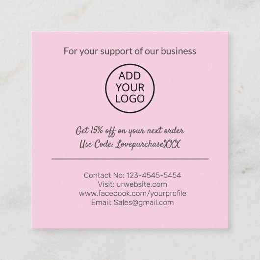 Moderne dank u het manuscriptorde minimale roze vierkante visitekaartje (Achterkant)