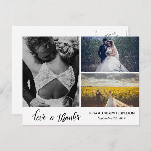 Moderne dank u script drie bruiloft foto's briefkaart (Voorkant / Achterkant)
