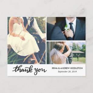 Moderne dank u typografie drie bruiloft foto's briefkaart