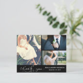 Moderne dank u witte script drie bruiloft foto's briefkaart (Staand voorkant)