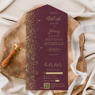 Moderne Dark Bourgondië Gouden Glitter QR Code Huw All In One Uitnodiging