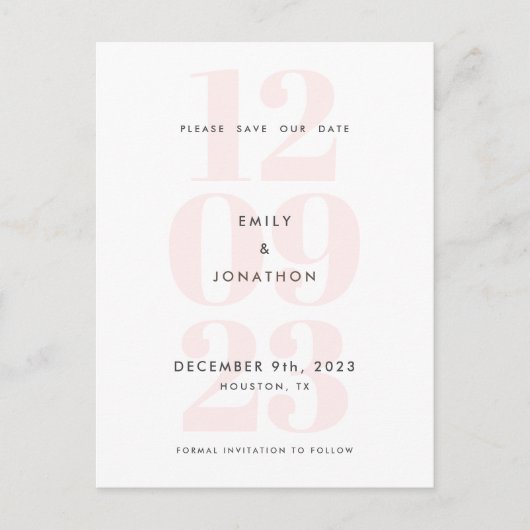Moderne datumnummertypografie Roze Save the date Aankondigingskaart (Voorkant)