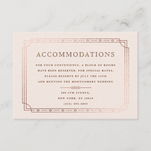 Moderne Deco Blush Roos Gouden Bruiloft Accommodat Informatiekaartje (Voorkant)