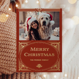 Moderne deco | Elegant rood met foto goud Folie Feestdagenkaart