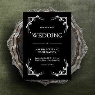 Moderne Deco Elegante Onyx Zwart-Wit Huwelijk Kaart