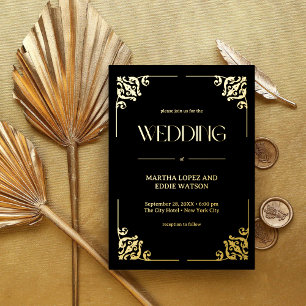 Moderne Deco   Elegante Trouw Bruin en Goud Folie Uitnodiging