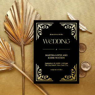 Moderne Deco Elegante Trouwdag Zwart en Goud Folie Uitnodiging