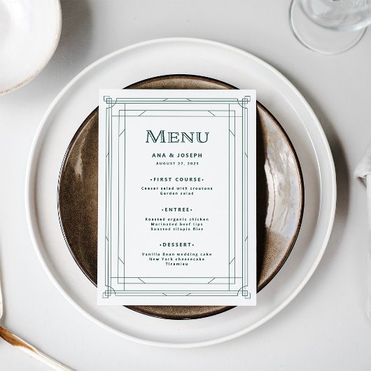Moderne deco | Licht zilver wit en groen bruiloft Menu