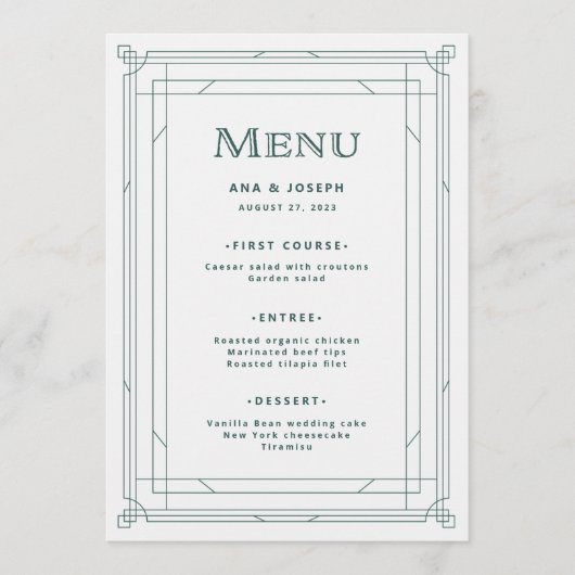 Moderne deco | Licht zilver wit en groen bruiloft Menu (Voorkant)