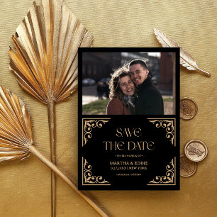 Moderne Deco Nagemaakte Gouden en Zwarte Huwelij Save The Date