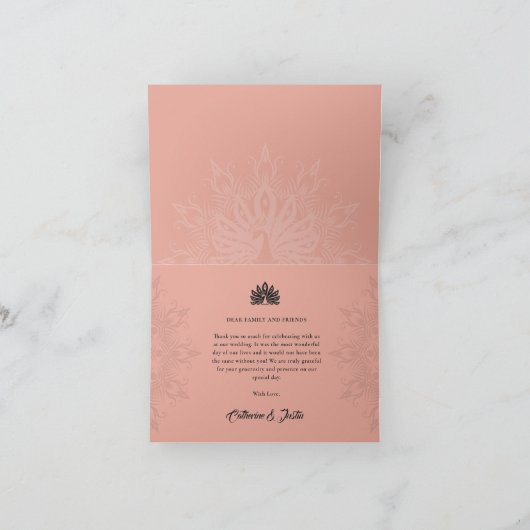 Moderne Deco Roze Peacock Foto Bruiloft Gevouwen Bedankkaart (Binnen)